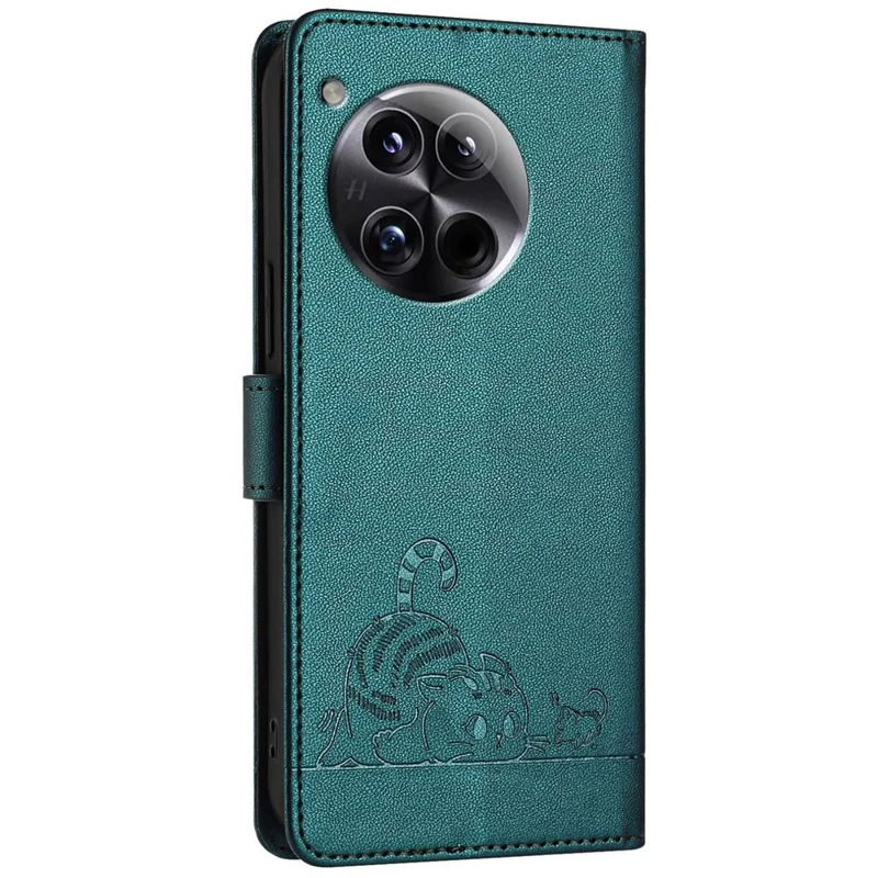 For OnePlus 12 5G Case with Strap RFID Blocking Leather Wallet Phone Cover Cat Mouse Pattern - Dark Green