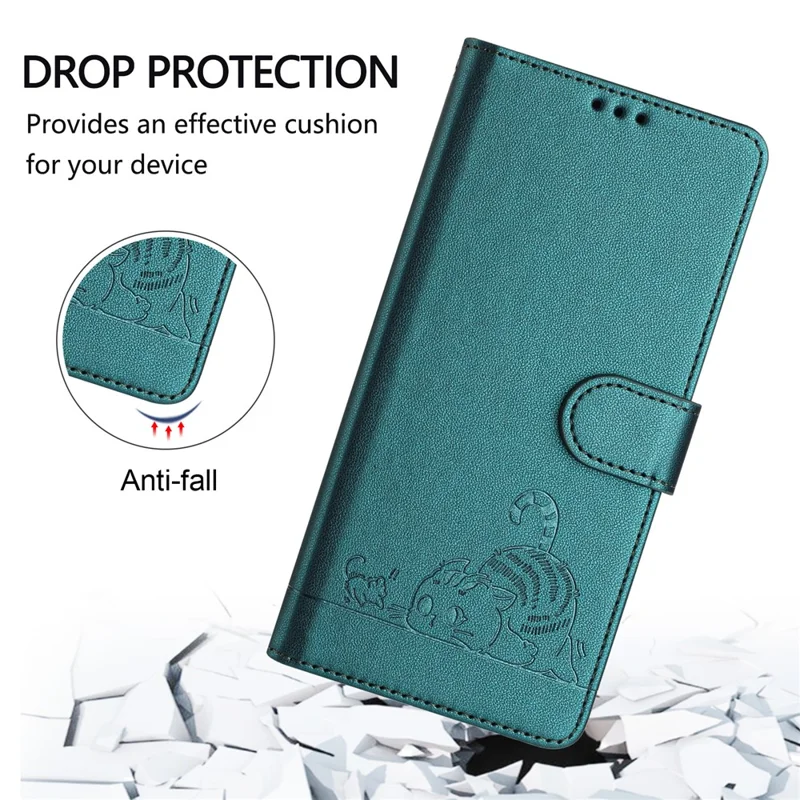 For OnePlus 12 5G Case with Strap RFID Blocking Leather Wallet Phone Cover Cat Mouse Pattern - Dark Green