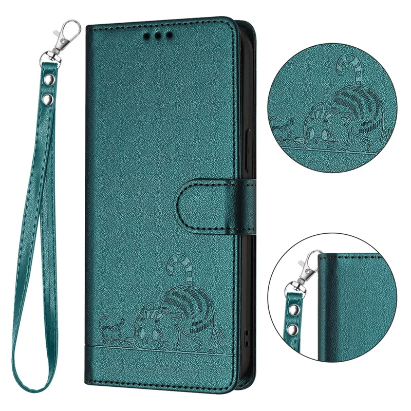 For OnePlus 12 5G Case with Strap RFID Blocking Leather Wallet Phone Cover Cat Mouse Pattern - Dark Green