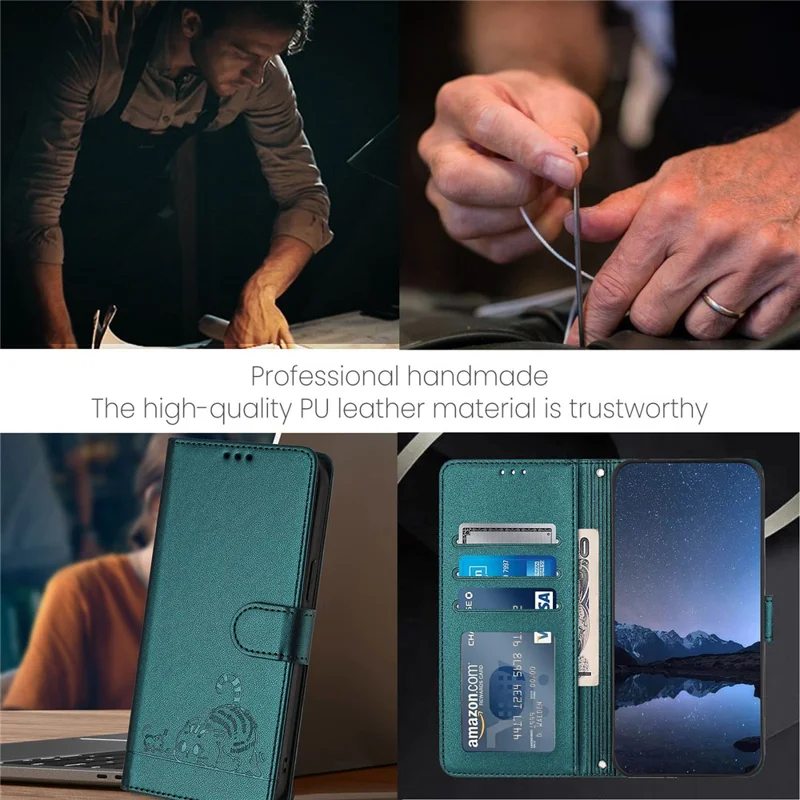 For OnePlus 12 5G Case with Strap RFID Blocking Leather Wallet Phone Cover Cat Mouse Pattern - Dark Green