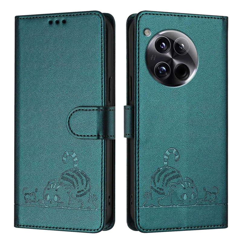 For OnePlus 12 5G Case with Strap RFID Blocking Leather Wallet Phone Cover Cat Mouse Pattern - Dark Green