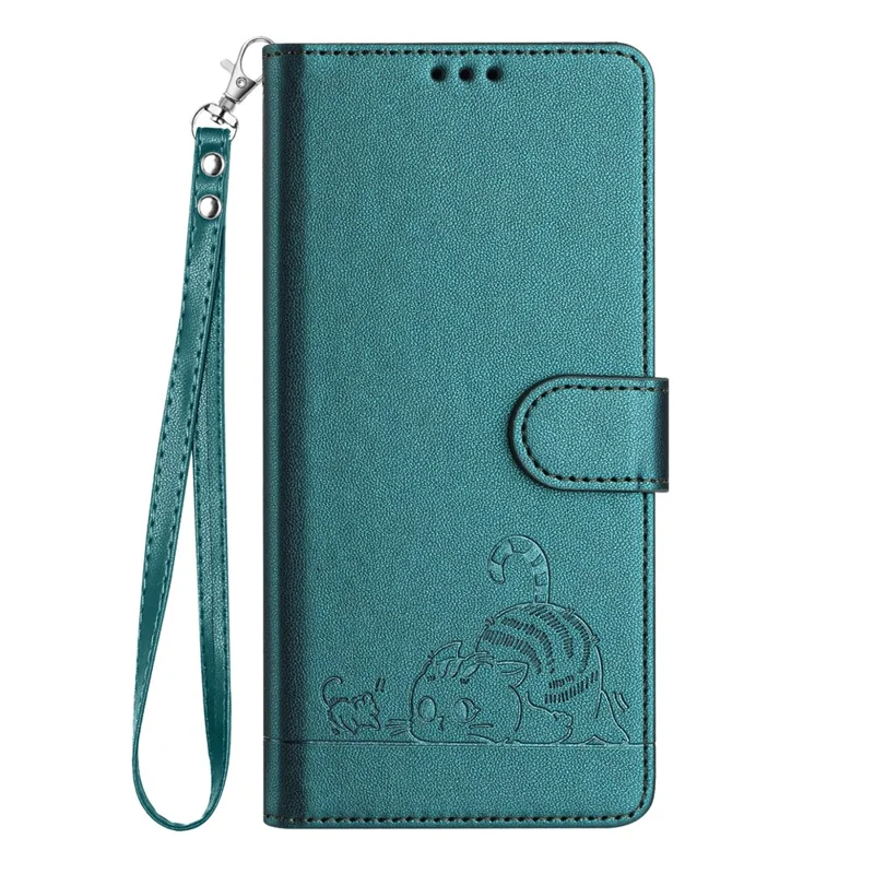 For OnePlus 12 5G Case with Strap RFID Blocking Leather Wallet Phone Cover Cat Mouse Pattern - Dark Green