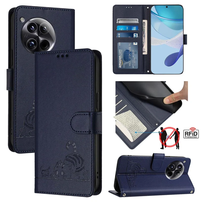 YB Imprinting Series-9 für OnePlus 12 5G-Hülle RFID-blockierende Lederhandy-Hülle mit Geldbörse - Saphir