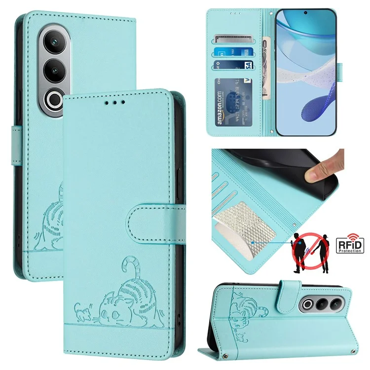 For OnePlus Nord CE4 5G Case with Strap RFID Blocking Leather Wallet Phone Cover Cat Mouse Pattern - Mint Green