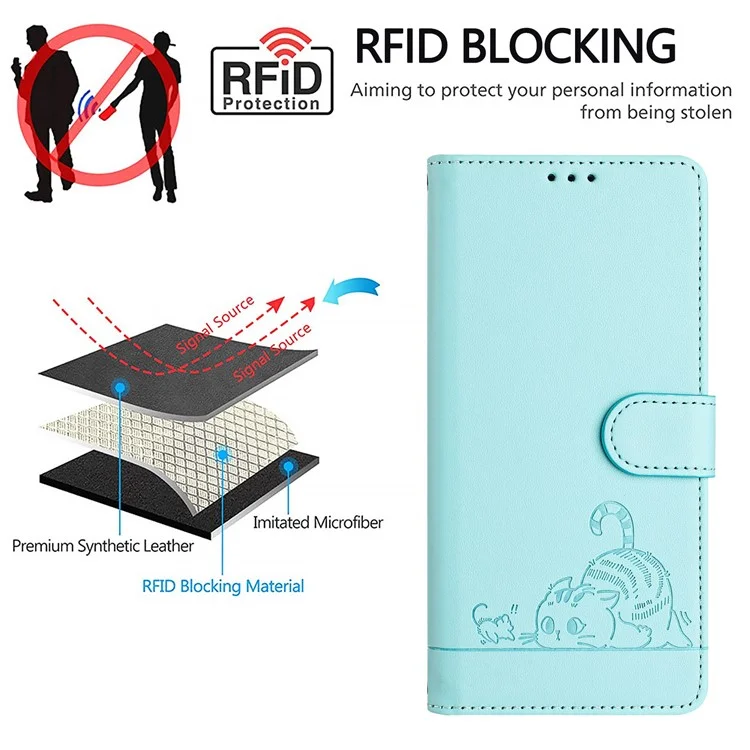 For OnePlus Nord CE4 5G Case with Strap RFID Blocking Leather Wallet Phone Cover Cat Mouse Pattern - Mint Green