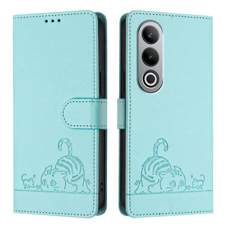 For OnePlus Nord CE4 5G Case with Strap RFID Blocking Leather Wallet Phone Cover Cat Mouse Pattern - Mint Green