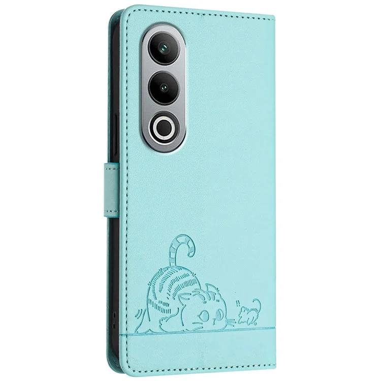 For OnePlus Nord CE4 5G Case with Strap RFID Blocking Leather Wallet Phone Cover Cat Mouse Pattern - Mint Green