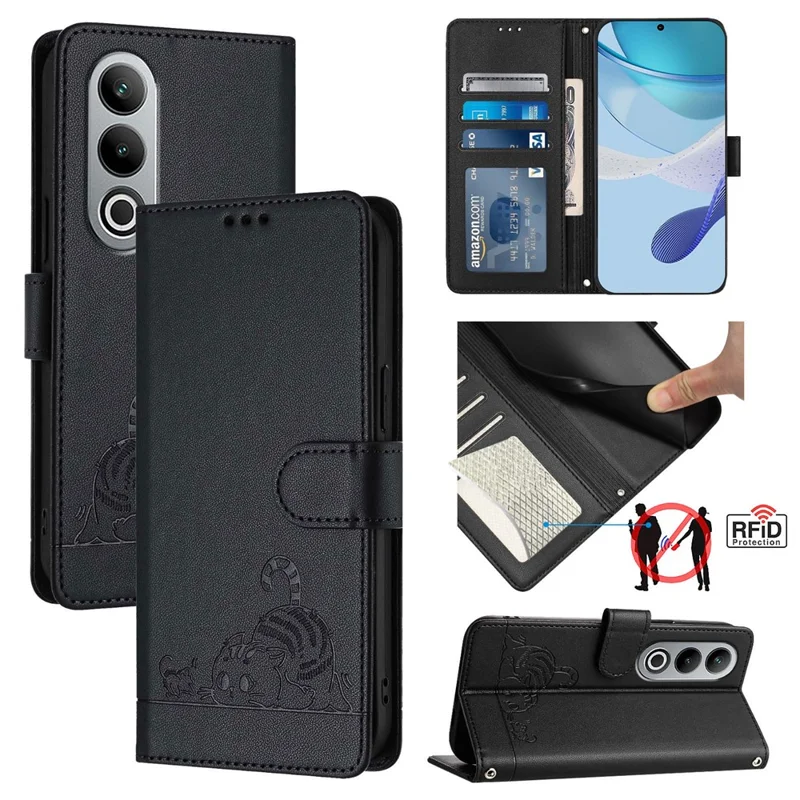 For OnePlus Nord CE4 5G Case with Strap RFID Blocking Leather Wallet Phone Cover Cat Mouse Pattern - Black