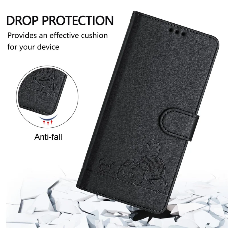 For OnePlus Nord CE4 5G Case with Strap RFID Blocking Leather Wallet Phone Cover Cat Mouse Pattern - Black