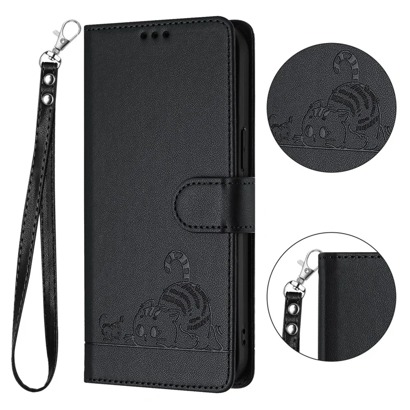For OnePlus Nord CE4 5G Case with Strap RFID Blocking Leather Wallet Phone Cover Cat Mouse Pattern - Black