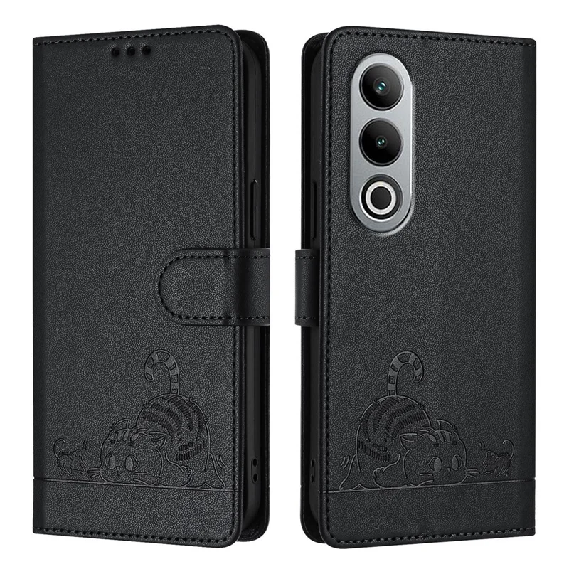 For OnePlus Nord CE4 5G Case with Strap RFID Blocking Leather Wallet Phone Cover Cat Mouse Pattern - Black