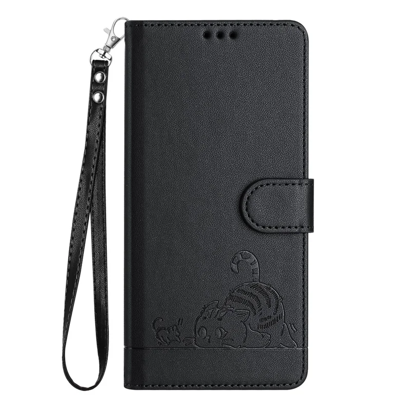 For OnePlus Nord CE4 5G Case with Strap RFID Blocking Leather Wallet Phone Cover Cat Mouse Pattern - Black