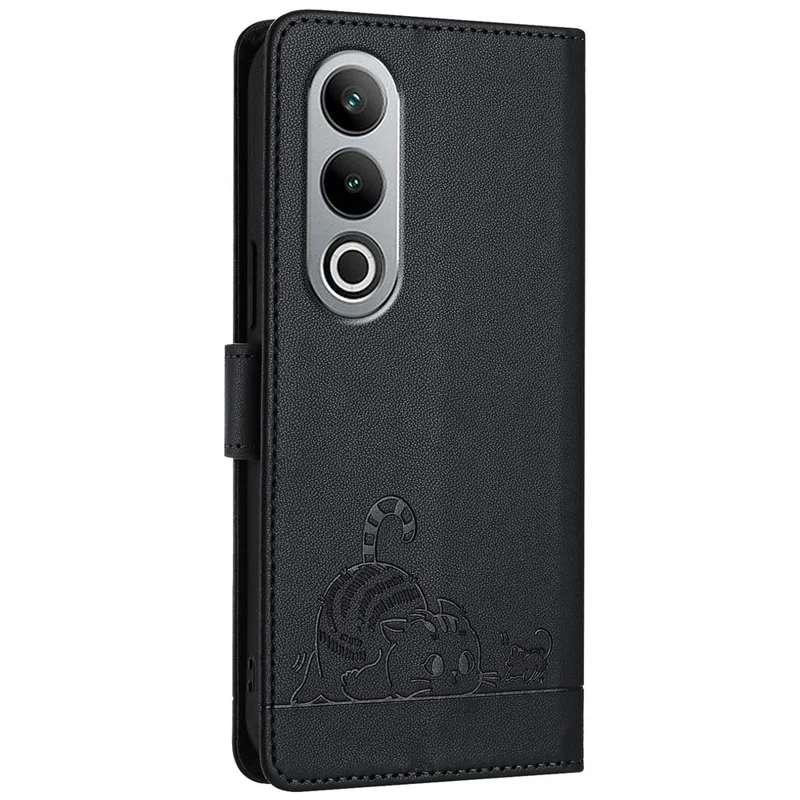 For OnePlus Nord CE4 5G Case with Strap RFID Blocking Leather Wallet Phone Cover Cat Mouse Pattern - Black