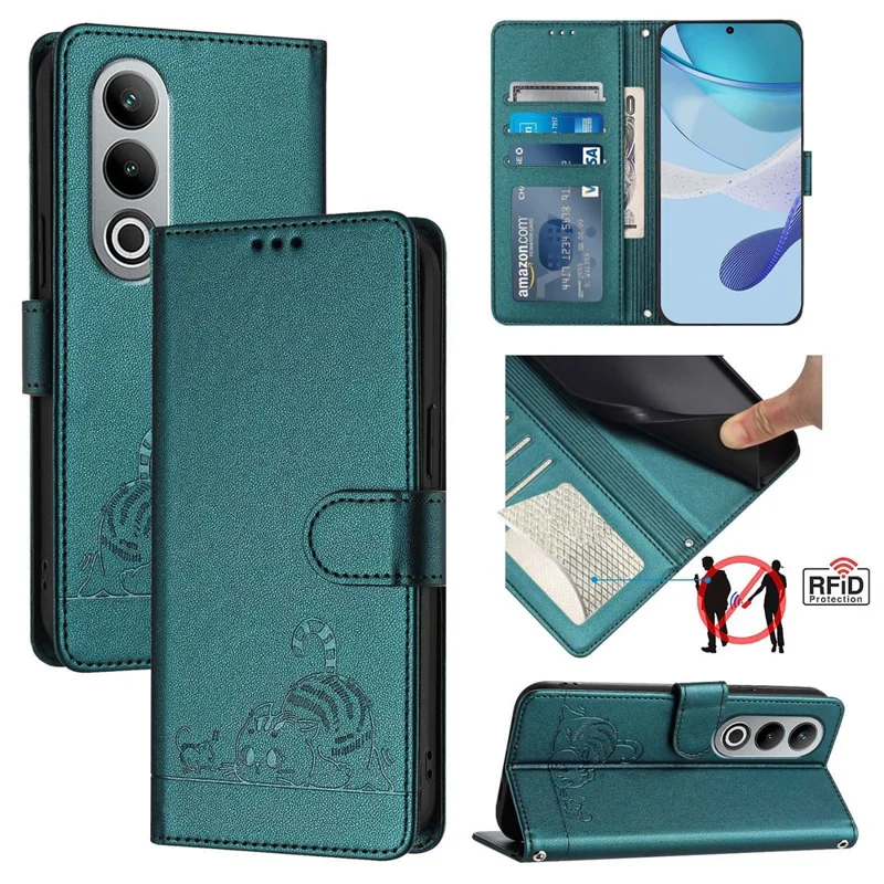 For OnePlus Nord CE4 5G Case with Strap RFID Blocking Leather Wallet Phone Cover Cat Mouse Pattern - Dark Green