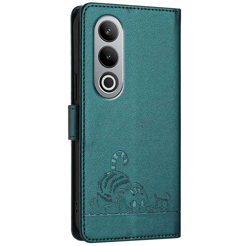 For OnePlus Nord CE4 5G Case with Strap RFID Blocking Leather Wallet Phone Cover Cat Mouse Pattern - Dark Green