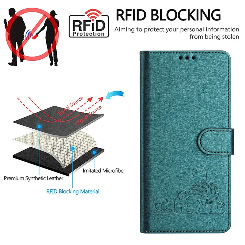 For OnePlus Nord CE4 5G Case with Strap RFID Blocking Leather Wallet Phone Cover Cat Mouse Pattern - Dark Green