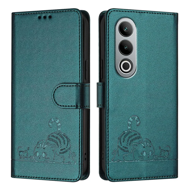 For OnePlus Nord CE4 5G Case with Strap RFID Blocking Leather Wallet Phone Cover Cat Mouse Pattern - Dark Green