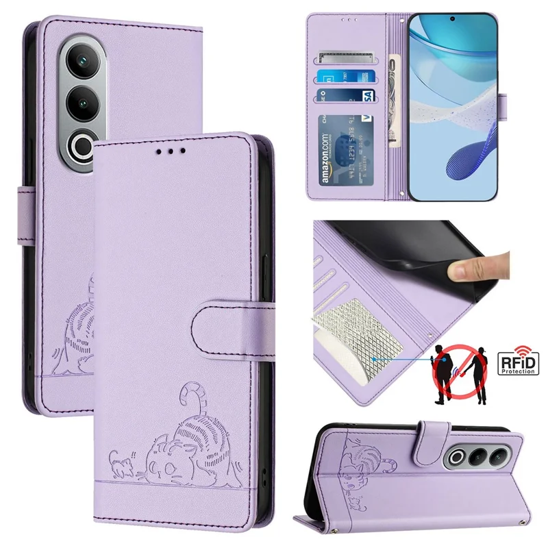 For OnePlus Nord CE4 5G Case with Strap RFID Blocking Leather Wallet Phone Cover Cat Mouse Pattern - Purple