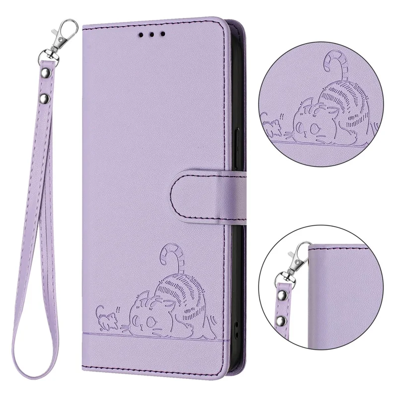For OnePlus Nord CE4 5G Case with Strap RFID Blocking Leather Wallet Phone Cover Cat Mouse Pattern - Purple