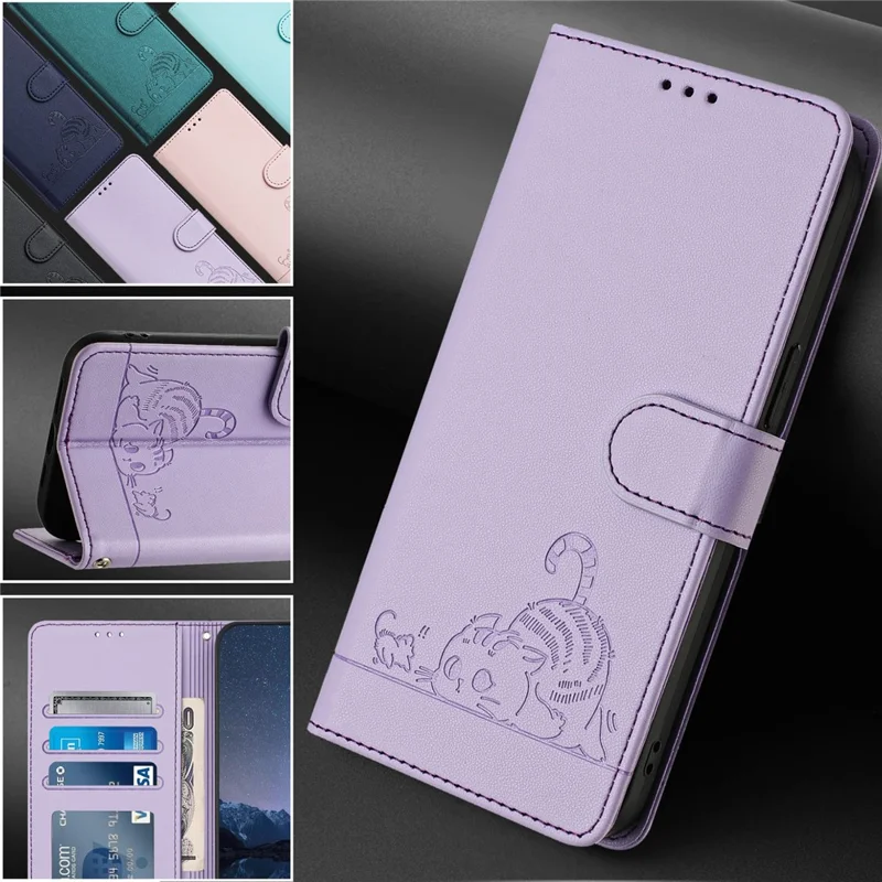 For OnePlus Nord CE4 5G Case with Strap RFID Blocking Leather Wallet Phone Cover Cat Mouse Pattern - Purple