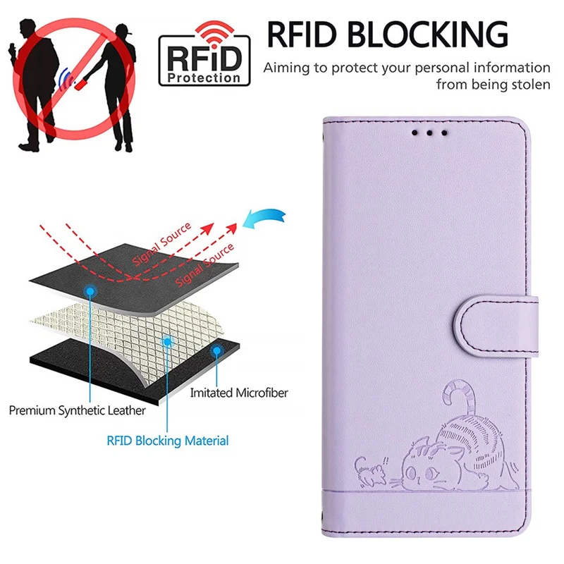 For OnePlus Nord CE4 5G Case with Strap RFID Blocking Leather Wallet Phone Cover Cat Mouse Pattern - Purple