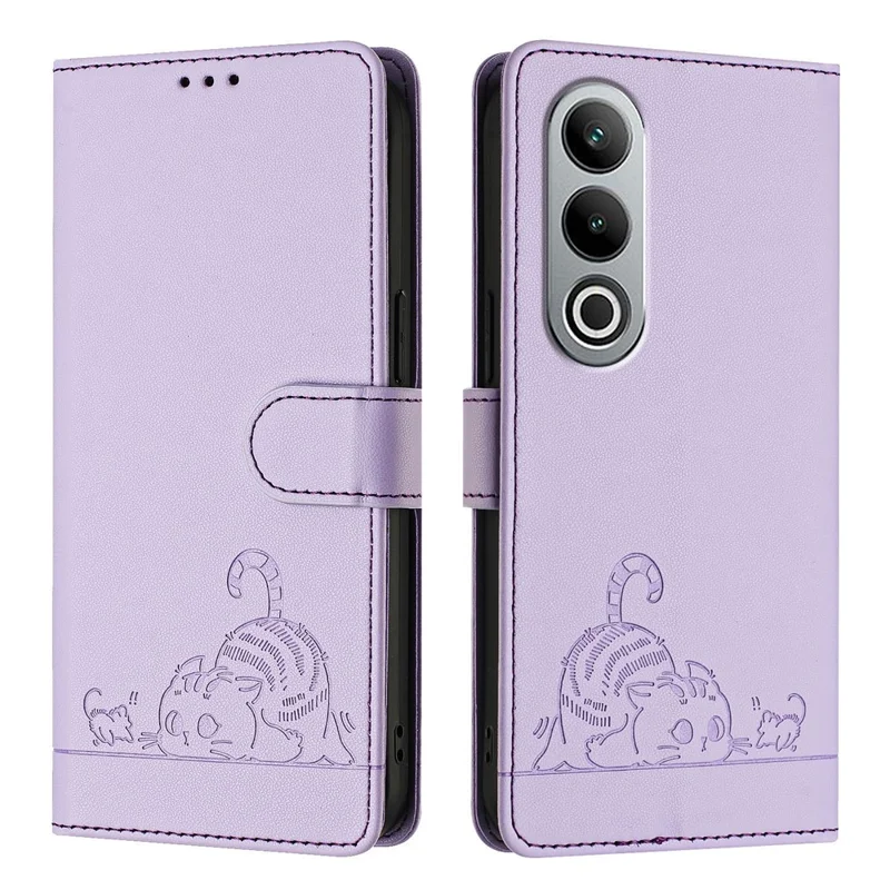 For OnePlus Nord CE4 5G Case with Strap RFID Blocking Leather Wallet Phone Cover Cat Mouse Pattern - Purple