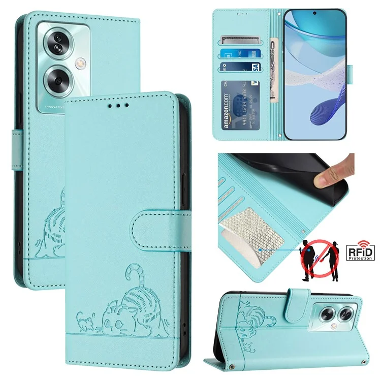 For Oppo A79 5G / A2 5G Case with Strap RFID Blocking Leather Wallet Phone Cover Cat Mouse Pattern - Mint Green