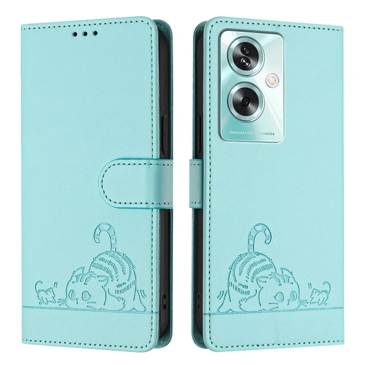 For Oppo A79 5G / A2 5G Case with Strap RFID Blocking Leather Wallet Phone Cover Cat Mouse Pattern - Mint Green