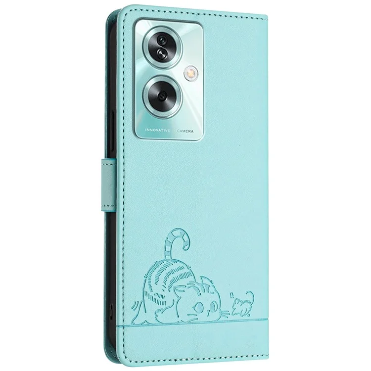 For Oppo A79 5G / A2 5G Case with Strap RFID Blocking Leather Wallet Phone Cover Cat Mouse Pattern - Mint Green