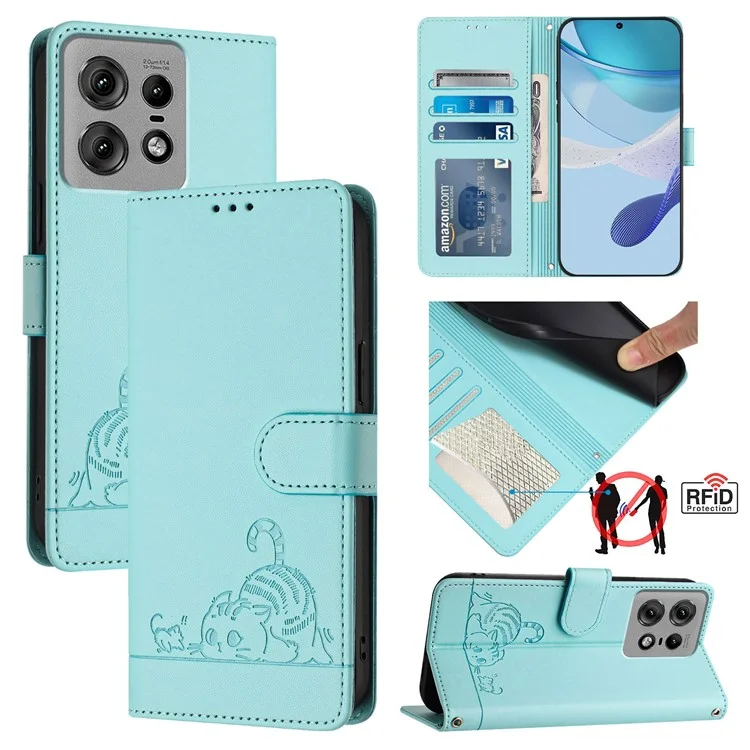 YB Imprinting Series-9 pour Motorola Edge 50 Pro 5G RFID Blocking Phone Case Leather Phone Stand Cover - Vert menthe