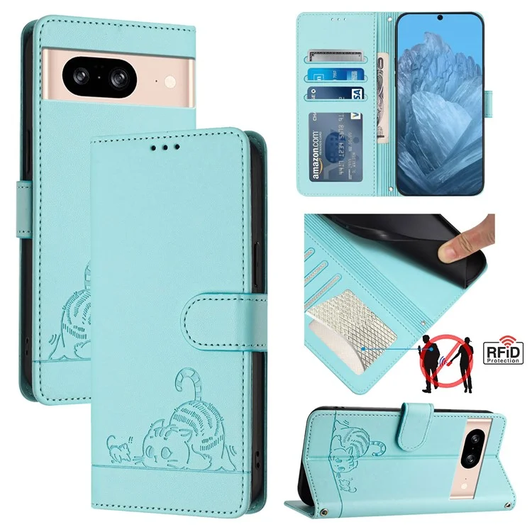 Serie de impresión YB-9 para Google Pixel 8 Funda Patrón de gato y ratón Cartera de cuero con soporte Tapa del teléfono - Verde menta