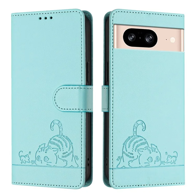 Serie de impresión YB-9 para Google Pixel 8 Funda Patrón de gato y ratón Cartera de cuero con soporte Tapa del teléfono - Verde menta