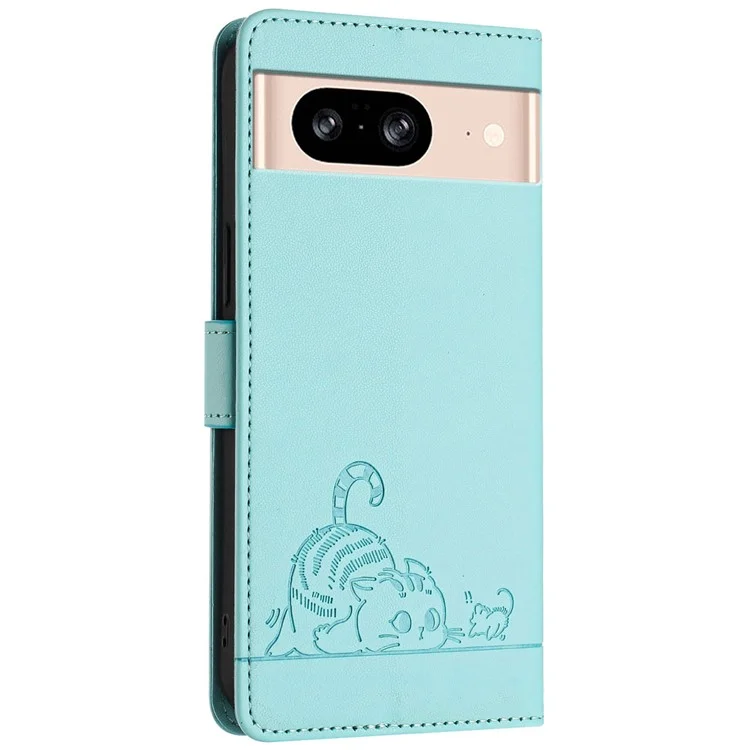 Serie de impresión YB-9 para Google Pixel 8 Funda Patrón de gato y ratón Cartera de cuero con soporte Tapa del teléfono - Verde menta