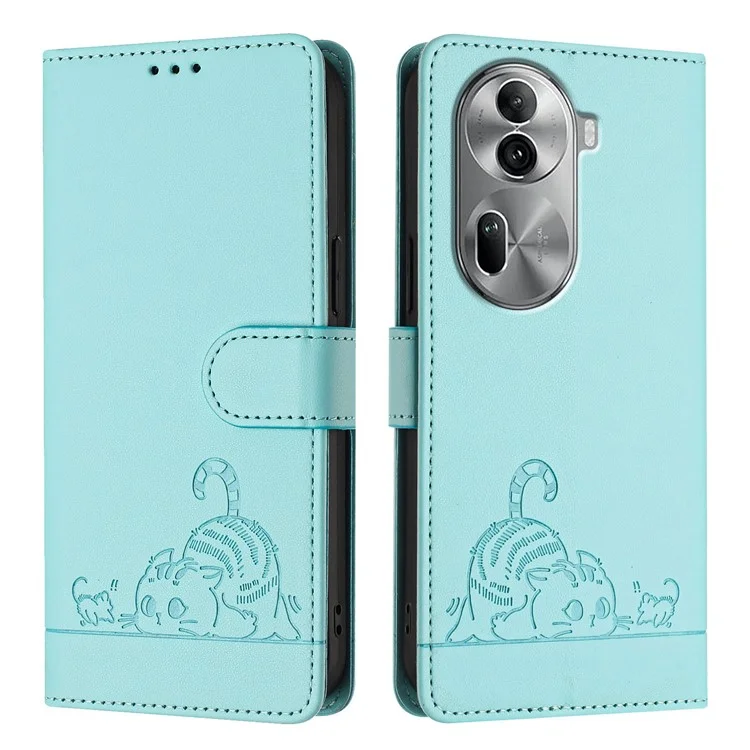 YB Imprinting Series-9 para Oppo Reno11 Pro 5G (Global) Funda de Teléfono de Cuero Funda con Patrón de Gato y Ratón - Verde Menta