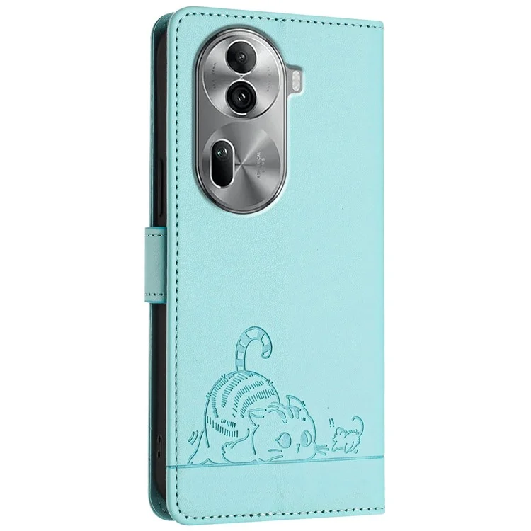 YB Imprinting Series-9 para Oppo Reno11 Pro 5G (Global) Funda de Teléfono de Cuero Funda con Patrón de Gato y Ratón - Verde Menta