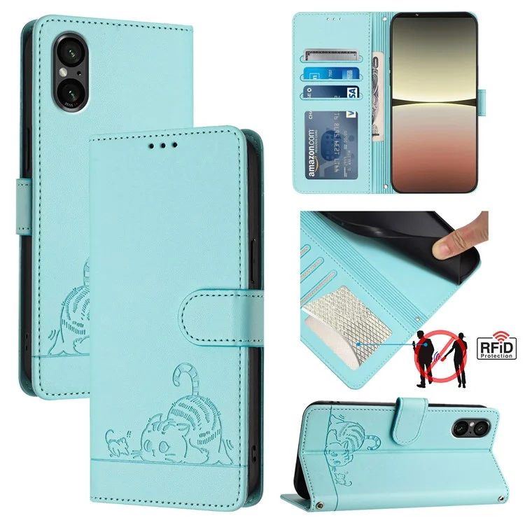 Série de Impressão YB-9 para Estojos de Telefone Celular Wholesale Sony Xperia 5 V Leather Stand Cover com Bloqueio RFID - Verde Menta