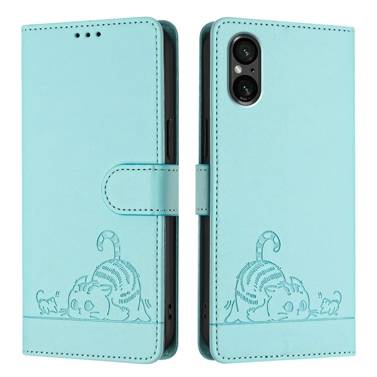 Série de Impressão YB-9 para Estojos de Telefone Celular Wholesale Sony Xperia 5 V Leather Stand Cover com Bloqueio RFID - Verde Menta
