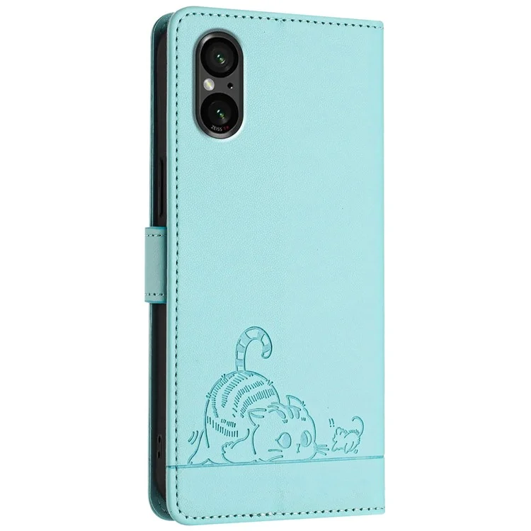 Série de Impressão YB-9 para Estojos de Telefone Celular Wholesale Sony Xperia 5 V Leather Stand Cover com Bloqueio RFID - Verde Menta