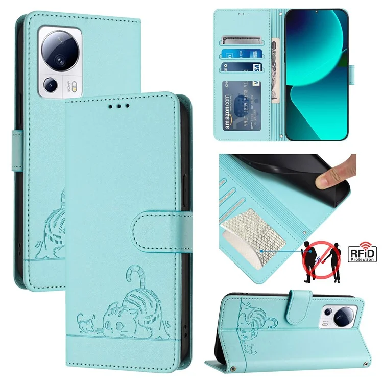 Серия YB Imprinting для Xiaomi 13 Lite / Civi 2 5G Чехол с блокировкой RFID Кожаный чехол для телефона с принтом кошки - Мятно-зеленый