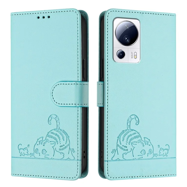 Серия YB Imprinting для Xiaomi 13 Lite / Civi 2 5G Чехол с блокировкой RFID Кожаный чехол для телефона с принтом кошки - Мятно-зеленый