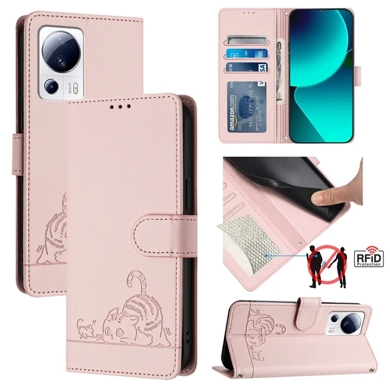 For Xiaomi 13 Lite / Civi 2 5G Case with Strap RFID Blocking Leather Wallet Phone Cover Cat Mouse Pattern - Pink
