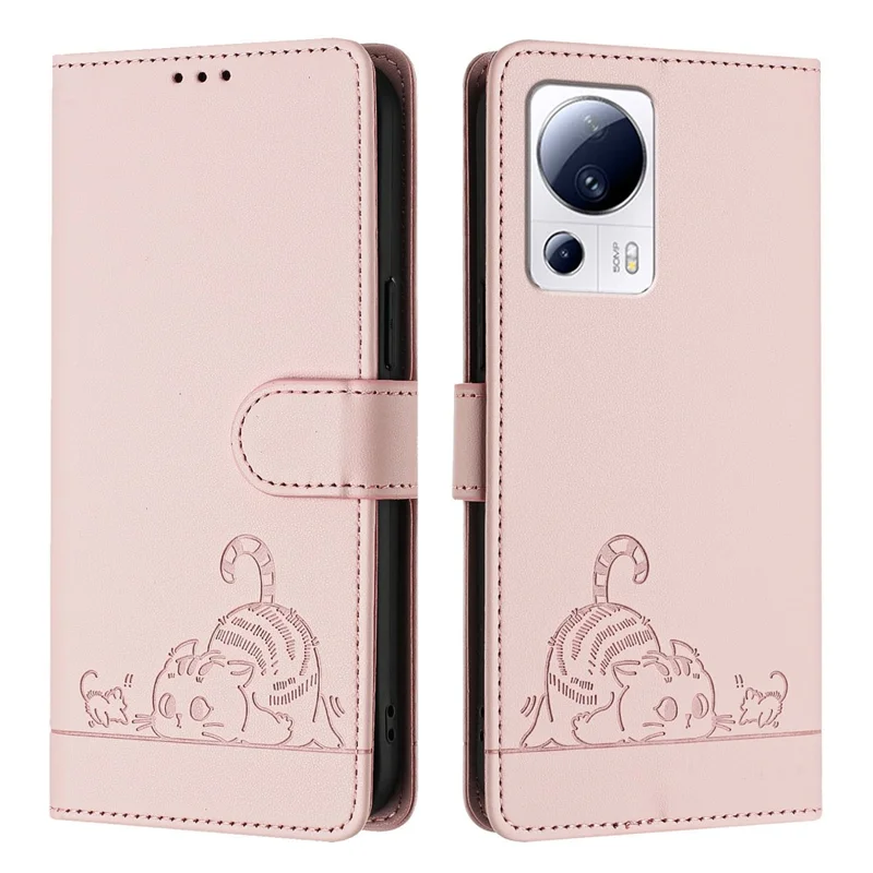 For Xiaomi 13 Lite / Civi 2 5G Case with Strap RFID Blocking Leather Wallet Phone Cover Cat Mouse Pattern - Pink