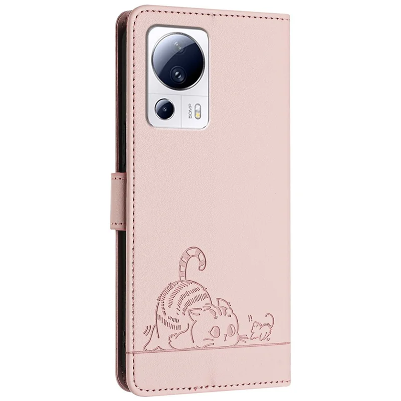 For Xiaomi 13 Lite / Civi 2 5G Case with Strap RFID Blocking Leather Wallet Phone Cover Cat Mouse Pattern - Pink