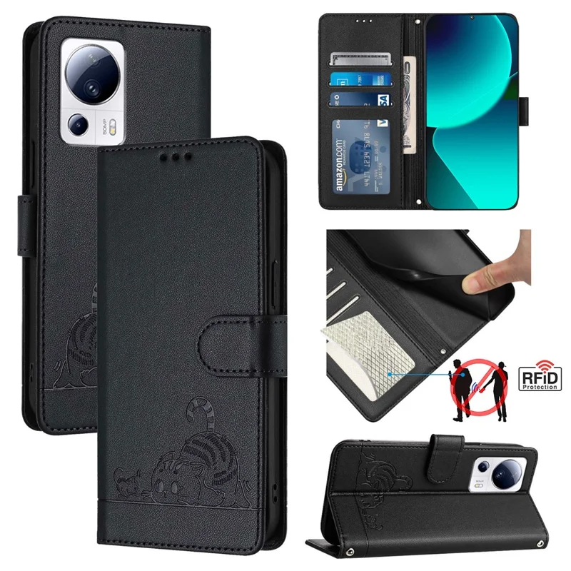 For Xiaomi 13 Lite / Civi 2 5G Case with Strap RFID Blocking Leather Wallet Phone Cover Cat Mouse Pattern - Black