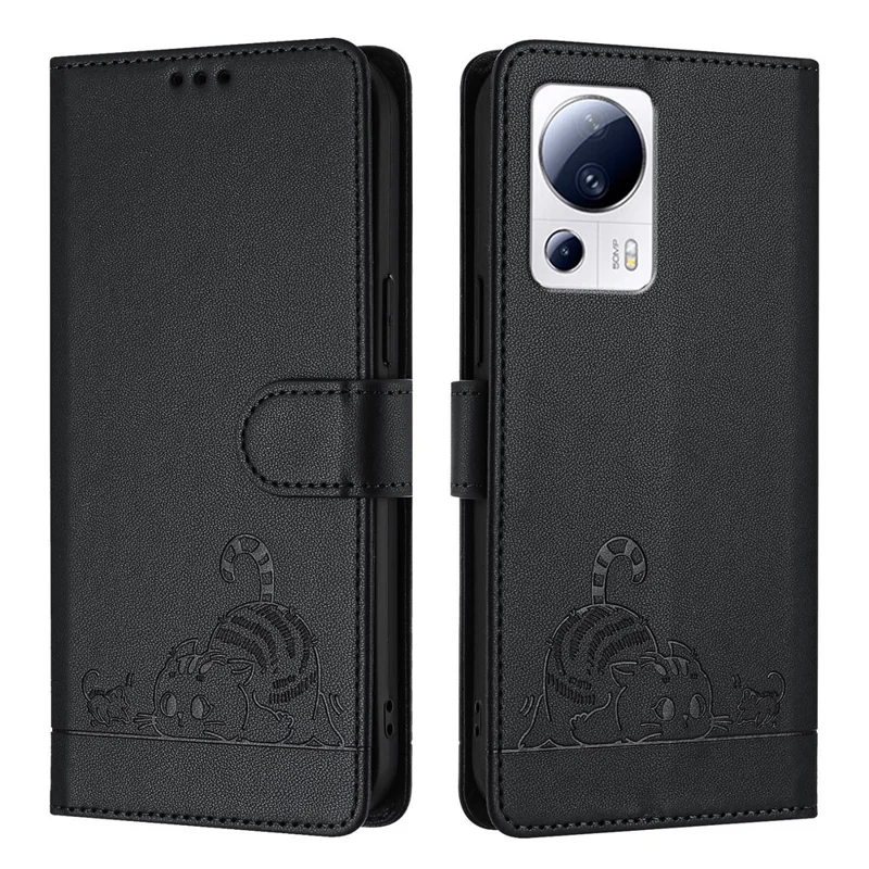 For Xiaomi 13 Lite / Civi 2 5G Case with Strap RFID Blocking Leather Wallet Phone Cover Cat Mouse Pattern - Black