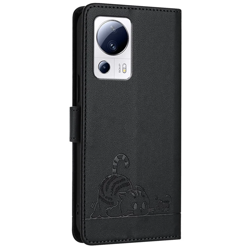 For Xiaomi 13 Lite / Civi 2 5G Case with Strap RFID Blocking Leather Wallet Phone Cover Cat Mouse Pattern - Black