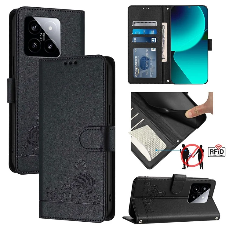 For Xiaomi 14 Case with Strap RFID Blocking Leather Wallet Phone Cover Cat Mouse Pattern - Black