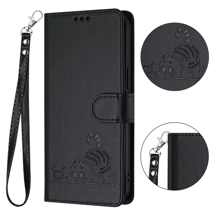For Xiaomi 14 Case with Strap RFID Blocking Leather Wallet Phone Cover Cat Mouse Pattern - Black