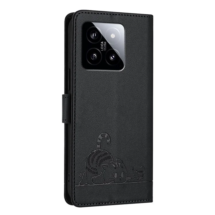 For Xiaomi 14 Case with Strap RFID Blocking Leather Wallet Phone Cover Cat Mouse Pattern - Black
