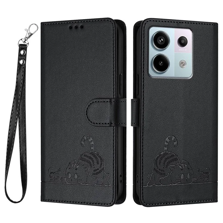 For Xiaomi Redmi Note 13 Pro 5G / Poco X6 5G Case with Strap RFID Blocking Leather Wallet Phone Cover Cat Mouse Pattern -  Black
